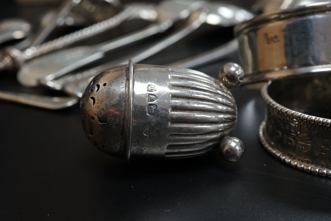 A quantity of assorted mainly 19th century flatware, various patterns, dates and makers including a set of six George III fiddle pattern table spoons by Eley, Fearn & Chawner, London, 1809, six silver fiddle pattern tabl